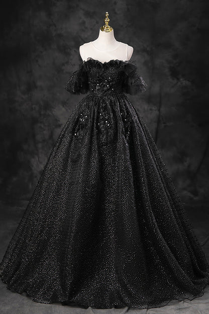 Black Tulle Lace Long Prom Dress, Black A-Line Off the Shoulder Evening Party Dress