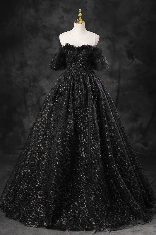 Black Tulle Lace Long Prom Dress, Black A-Line Off the Shoulder Evening Party Dress