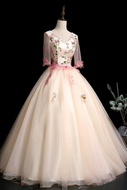 Champagne V-Neck Lace Long Prom Dress, A-Line 1/2 Sleeves Evening Party Dress