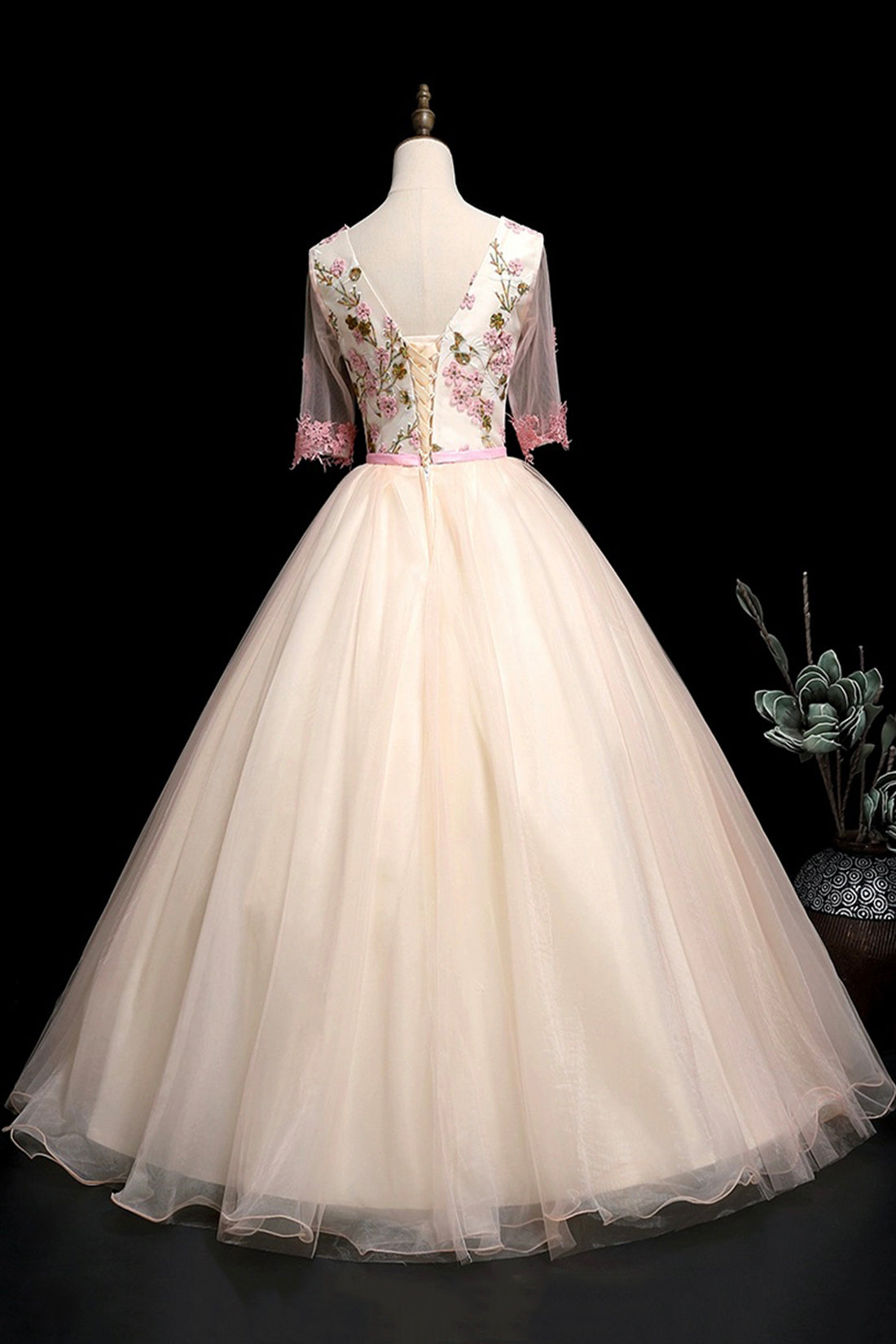 Champagne V-Neck Lace Long Prom Dress, A-Line 1/2 Sleeves Evening Party Dress