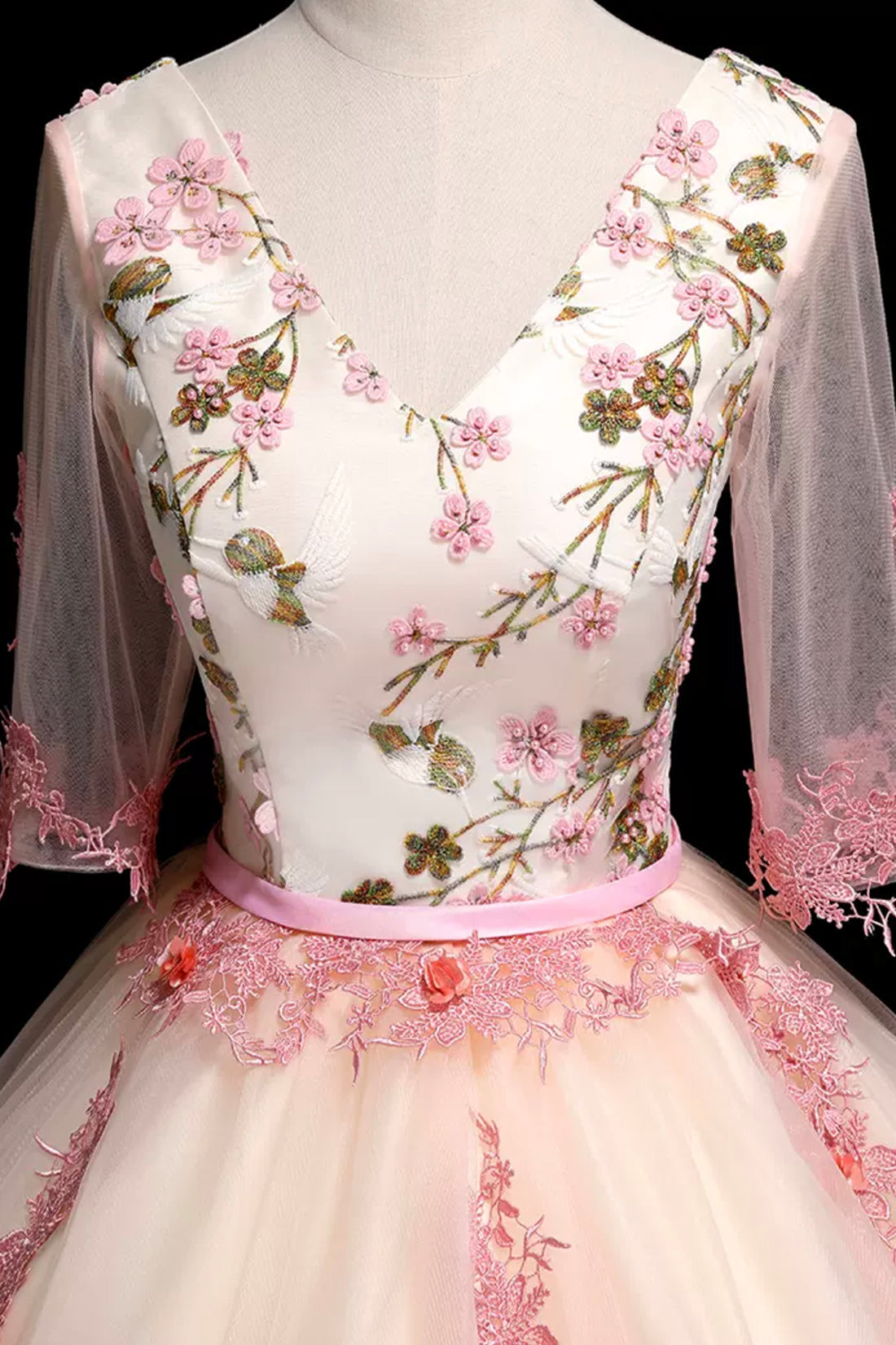 Champagne V-Neck Lace Long Prom Dress, A-Line 1/2 Sleeves Evening Party Dress