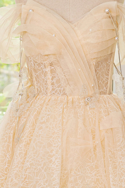 Champagne Tulle Knee Length Prom Dress, Lovely A-Line Party Homecoming Dress