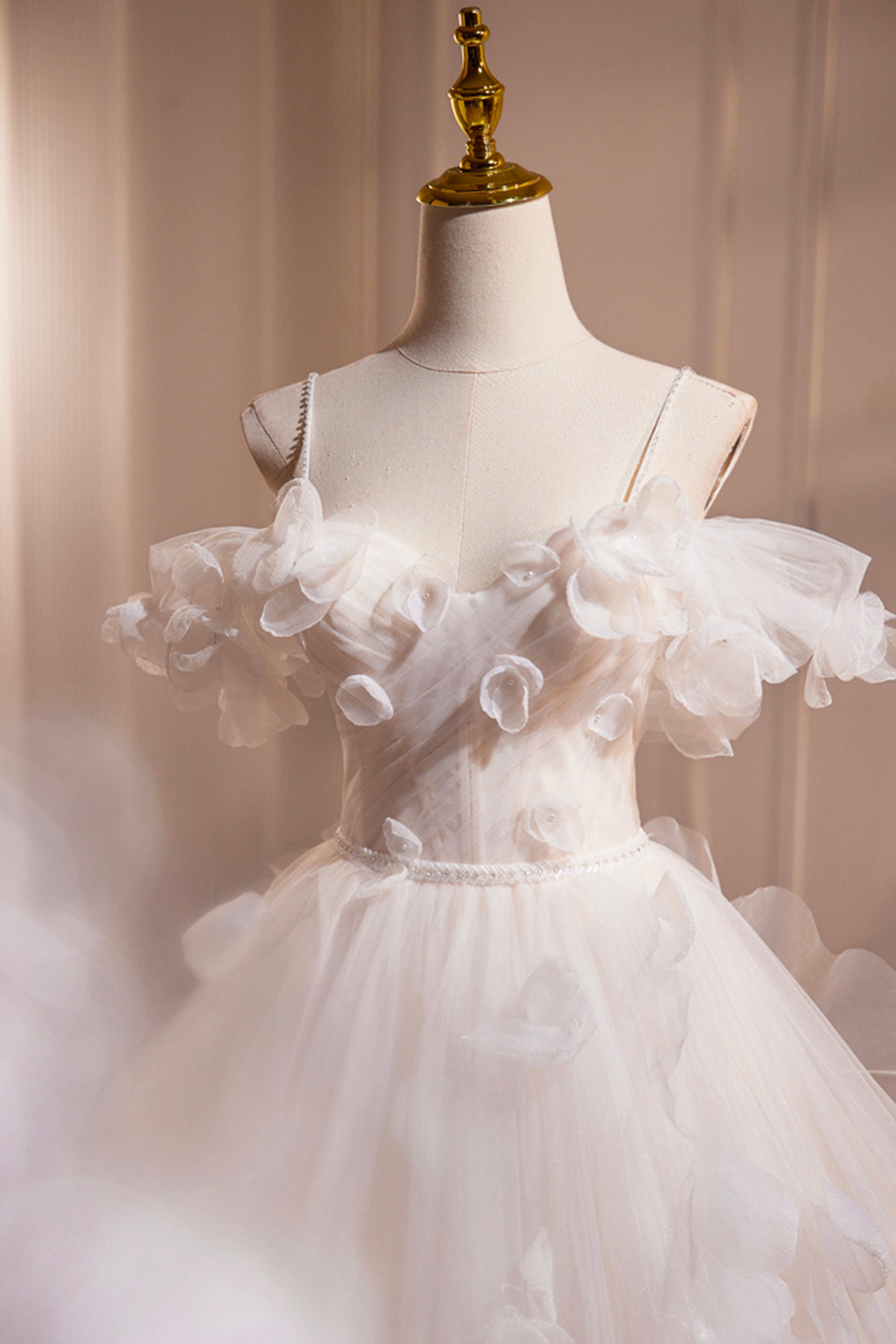 Light Champagne Spaghetti Strap Tulle Long Prom Dress, Beautiful A-Line Formal Evening Dress