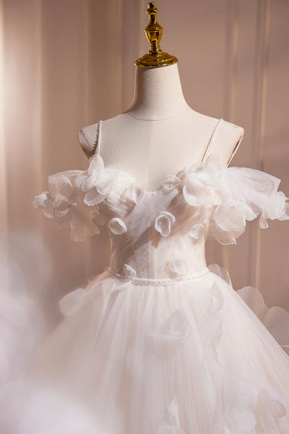 Light Champagne Spaghetti Strap Tulle Long Prom Dress, Beautiful A-Line Formal Evening Dress