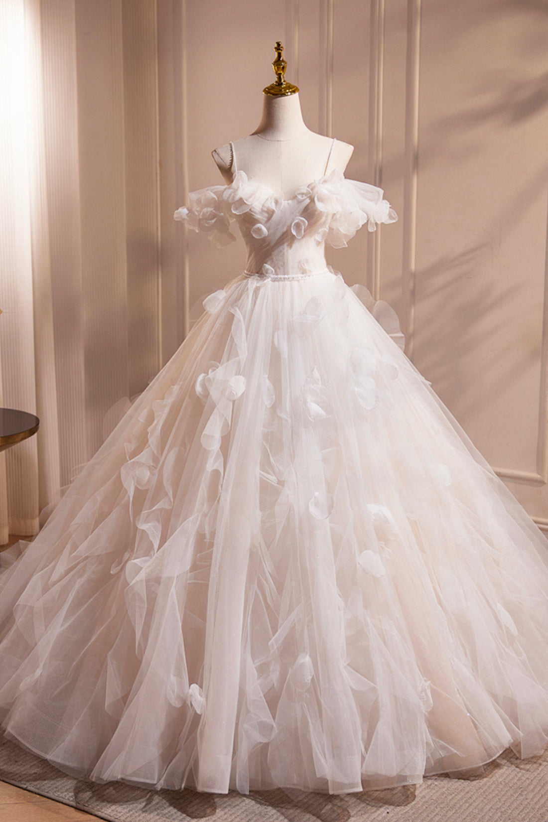 Light Champagne Spaghetti Strap Tulle Long Prom Dress, Beautiful A-Line Formal Evening Dress