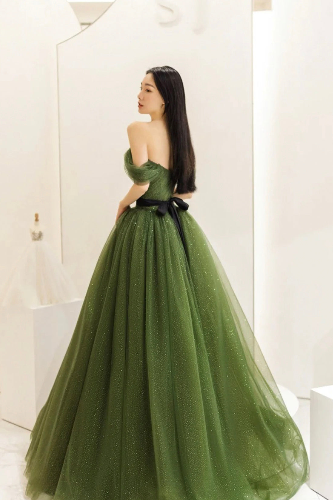 Green Tulle Long Prom Dress, Beautiful Off the Shoulder A-Line Evening Party Dress