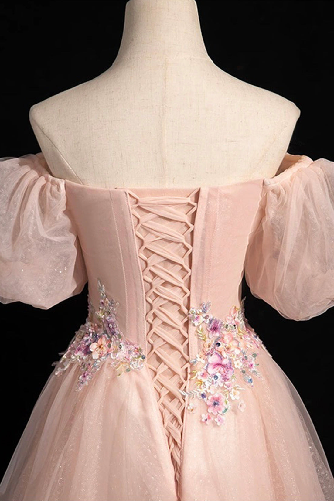 Pink Tulle Lace Floor Length Prom Dress, Off the Shoulder Formal Evening Dress