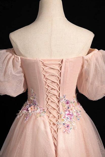 Pink Tulle Lace Floor Length Prom Dress, Off the Shoulder Formal Evening Dress