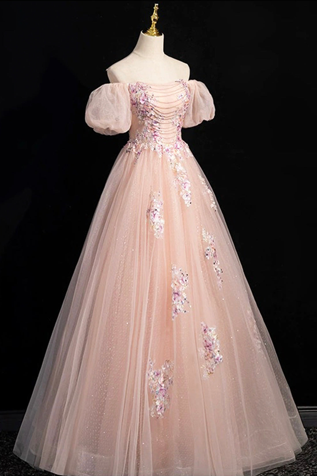 Pink Tulle Lace Floor Length Prom Dress, Off the Shoulder Formal Evening Dress