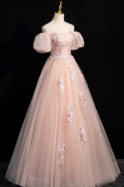 Pink Tulle Lace Floor Length Prom Dress, Off the Shoulder Formal Evening Dress