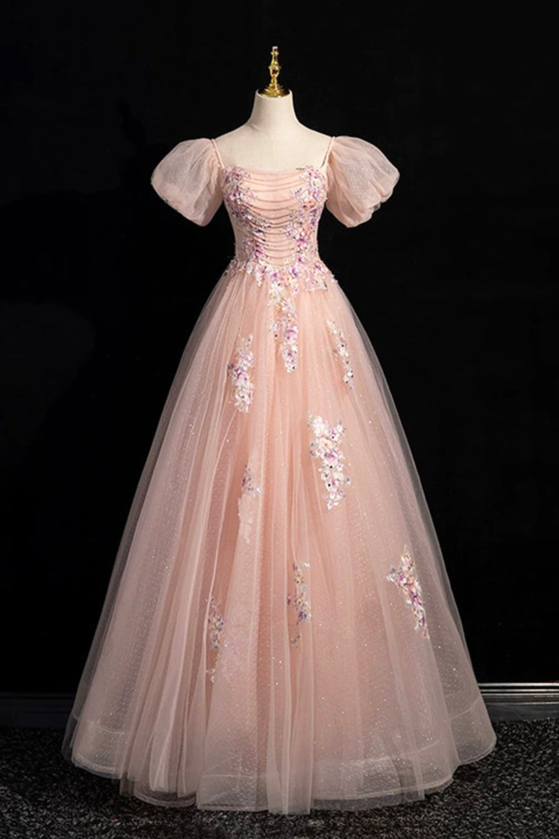 Pink Tulle Lace Floor Length Prom Dress, Off the Shoulder Formal Evening Dress
