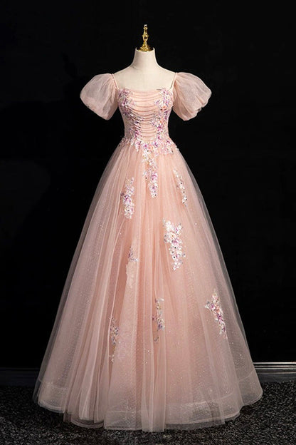 Pink Tulle Lace Floor Length Prom Dress, Off the Shoulder Formal Evening Dress
