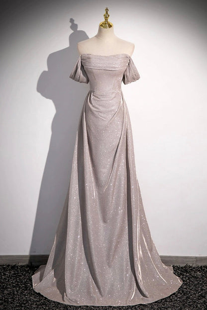 Grey Sequins Ruffle Long Party Dress, Off the Shoulder Short Sleeve Sweep Train Evening Dress