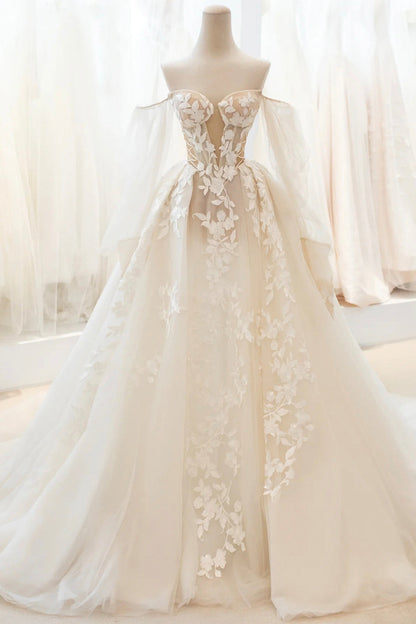 Champagne Lace Long A-Line Ball Gown, Off the Shoulder Evening Party Dress