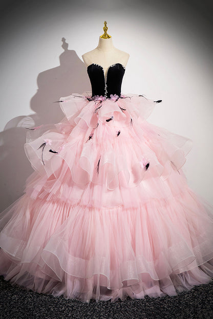 Black Velvet and Pink Tulle Strapless Ball Gown, Pink Backless Ruffles Formal Evening Dress