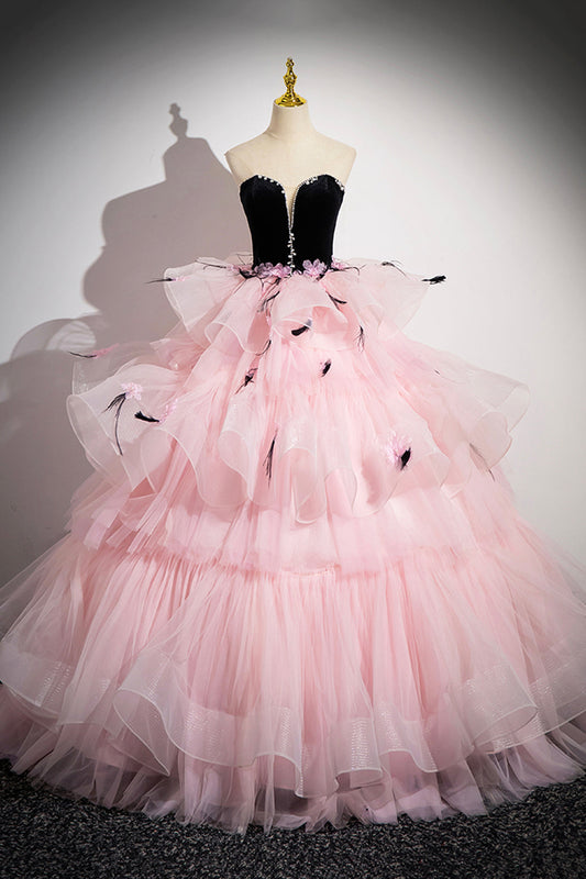 Black Velvet and Pink Tulle Strapless Ball Gown, Pink Backless Ruffles Formal Evening Dress