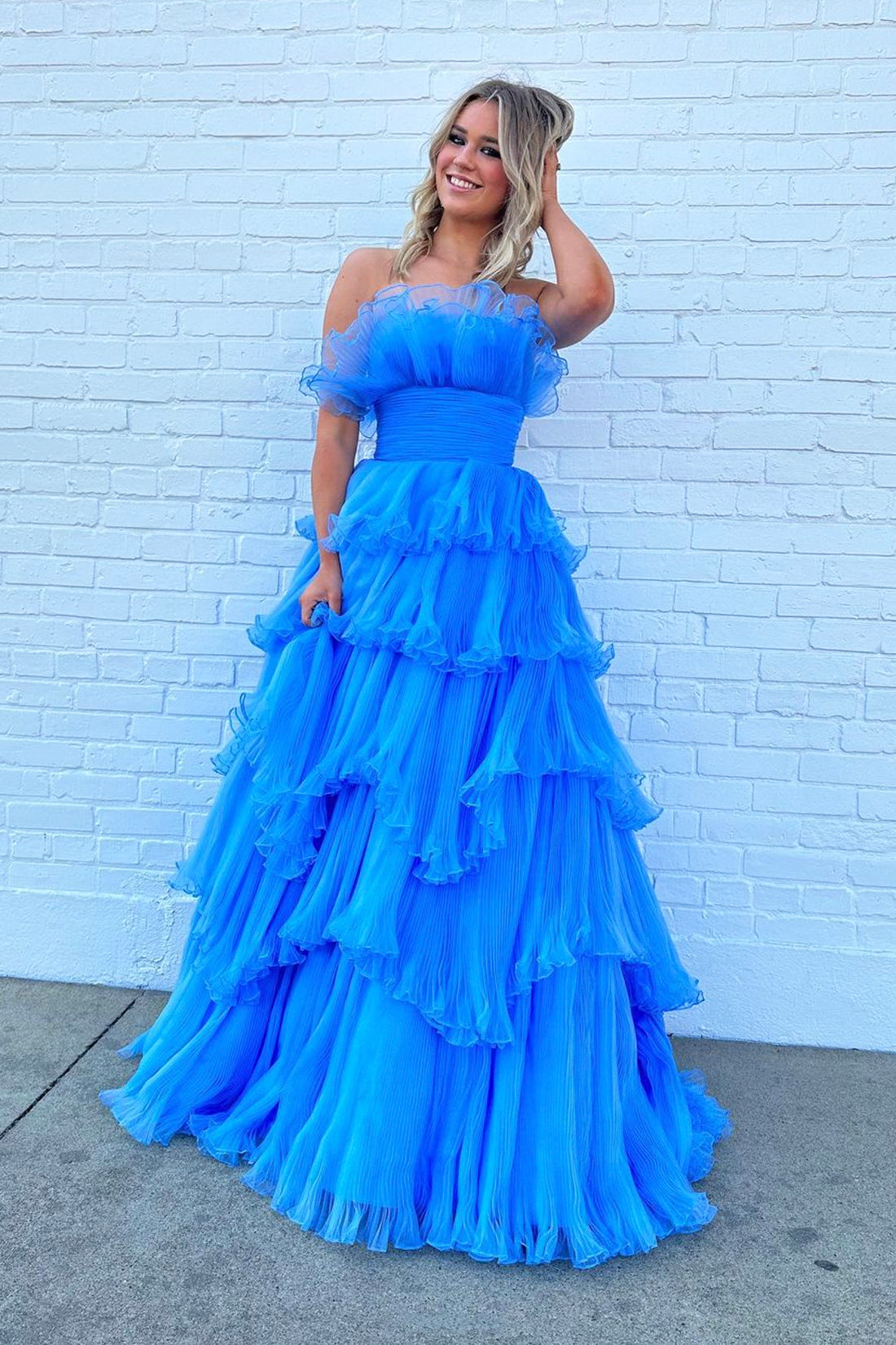 Blue Strapless Princess Tulle Layers Ruffles Long Prom Dress