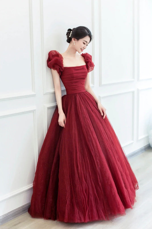 Burgundy Tulle Long A-Line Prom Dress, Beautiful Evening Graduation Dress