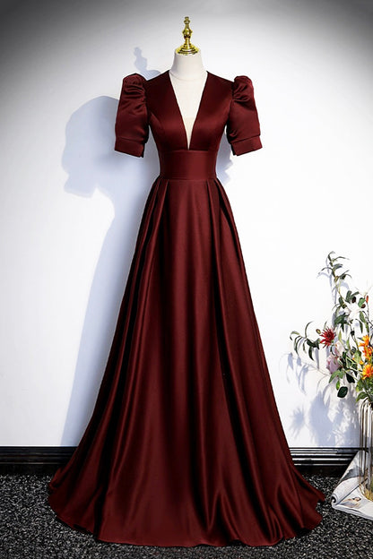 Burgundy V-Neck Satin Long Prom Dress, Simple Short Sleeve Evening Party Dress