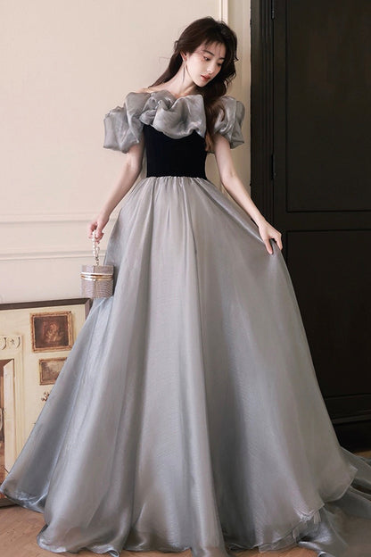 Gray Tulle and Black Velvet Long Prom Dress, Off the Shoulder Evening Party Dress