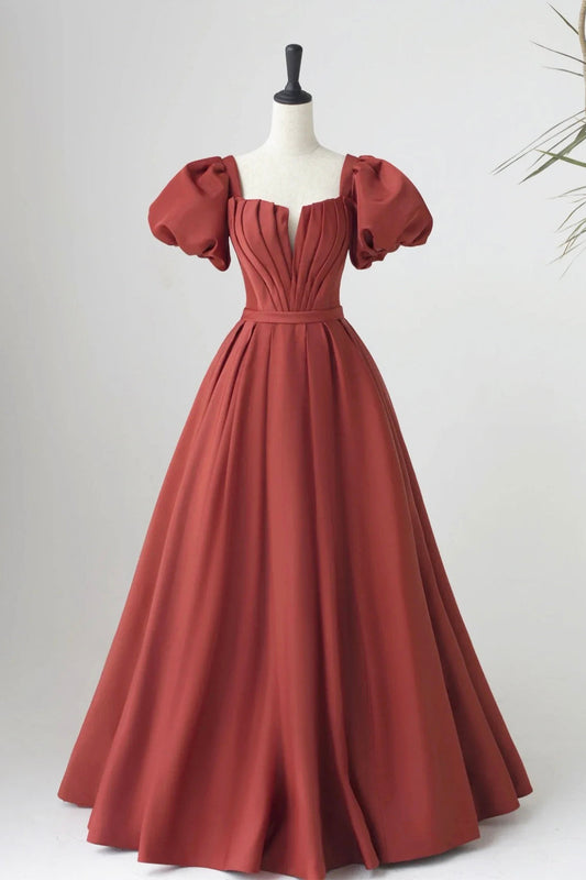Maroon Satin Long Pleated Long Prom Dress, Elegant Short Sleeve Evening Party Dress