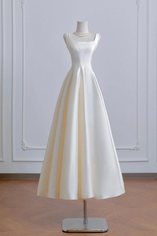 White Satin Tea Length Prom Dress, Beautiful A-Line Party Dress
