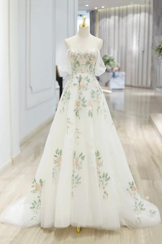 Beautiful Floral Lace Tulle Long Prom Dress, White Off the Shoulder Evening Party Dress