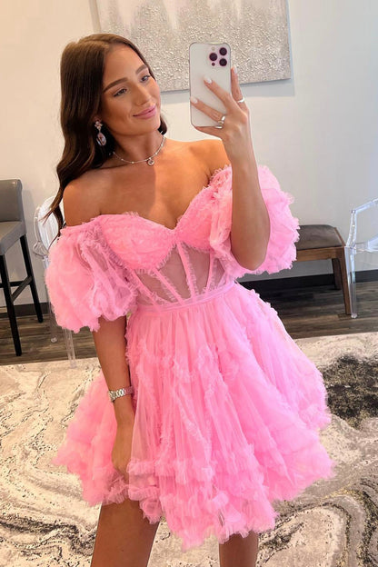 Pink Tulle Short A-Line Prom Dress, Cute Puff Sleeves Homecoming Dress
