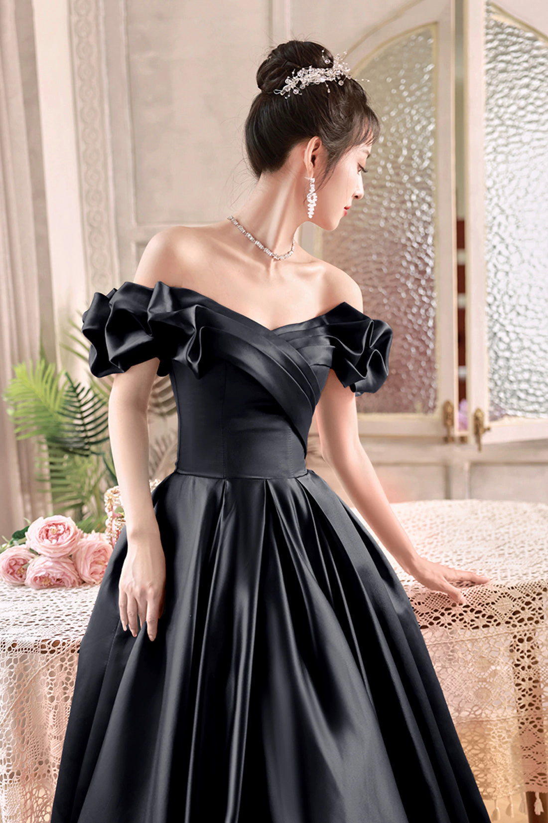 Black Satin Floor Length A-Line Prom Dress, Off the Shoulder Evening Party Dress