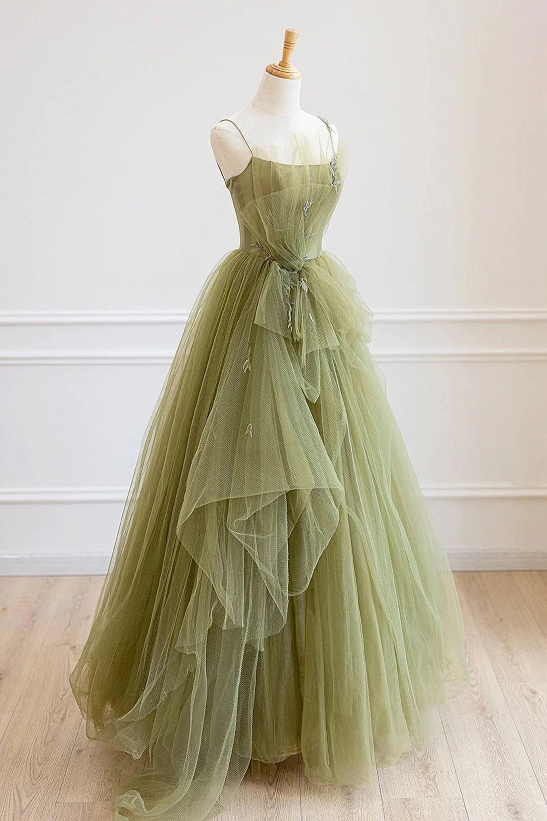 Green Tulle Long A-Line Prom Dress, Beautiful Spaghetti Strap Evening Dress
