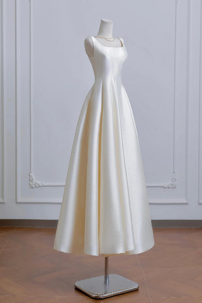 White Satin Tea Length Prom Dress, Beautiful A-Line Party Dress