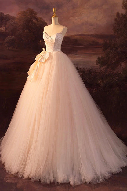 Champagne Strapless Tulle Long Prom Dress, Beautiful A-Line Tulle Formal Evening Dress