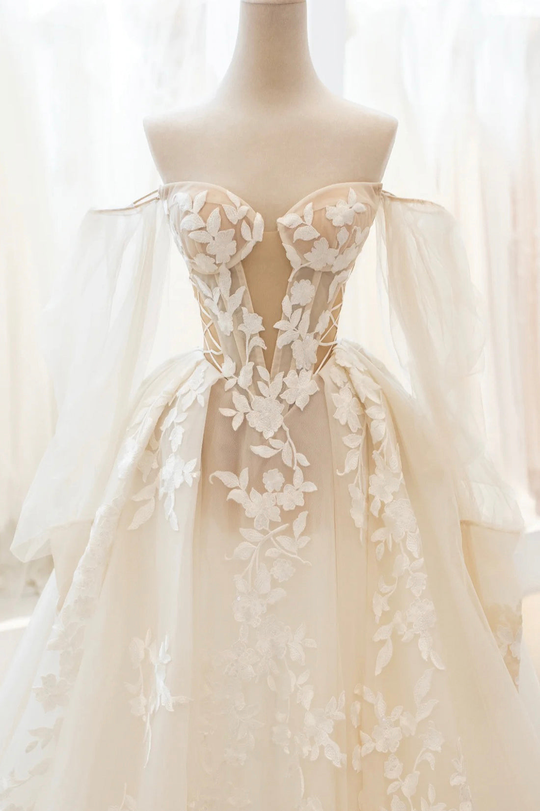 Champagne Lace Long A-Line Ball Gown, Off the Shoulder Evening Party Dress