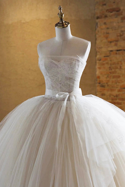 Light Champagne Ball Gown Tulle Sweetheart Long Prom Dress, Beautiful Formal Dress Wedding Dress
