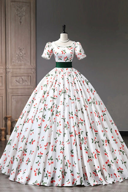Cute Cherry Pattern Long Princess Prom Dress, White A-Line Evening Party Dress