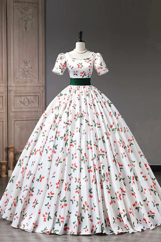 Cute Cherry Pattern Long Princess Prom Dress, White A-Line Evening Party Dress