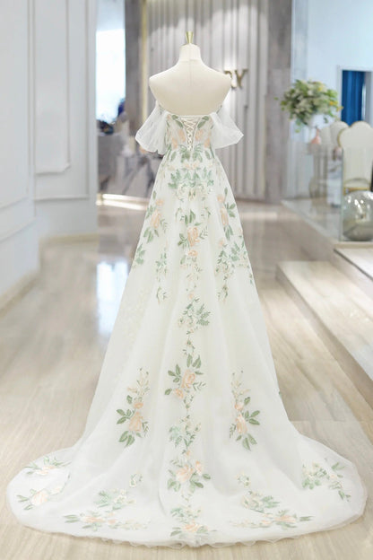 Beautiful Floral Lace Tulle Long Prom Dress, White Off the Shoulder Evening Party Dress