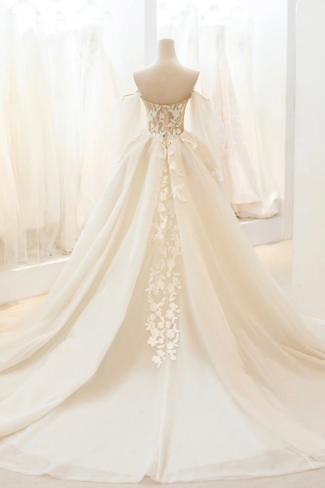 Champagne Lace Long A-Line Ball Gown, Off the Shoulder Evening Party Dress