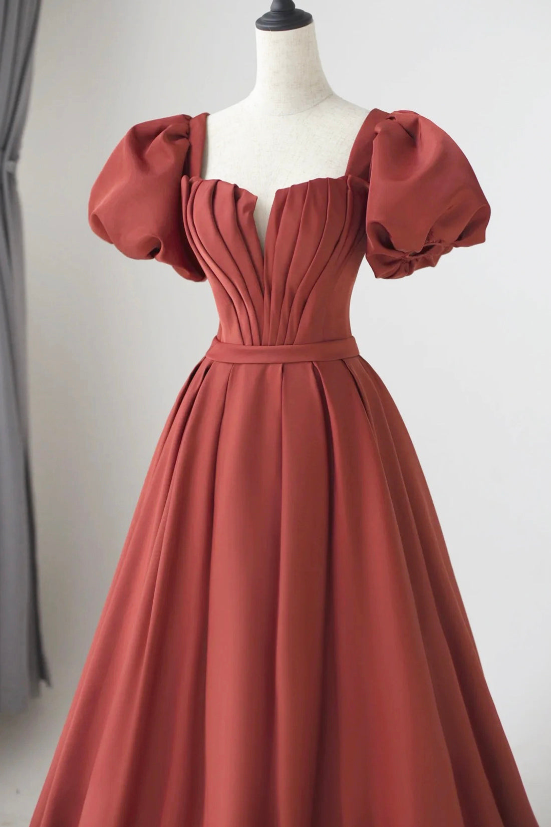 Maroon Satin Long Pleated Long Prom Dress, Elegant Short Sleeve Evening Party Dress