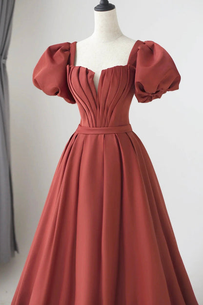 Maroon Satin Long Pleated Long Prom Dress, Elegant Short Sleeve Evening Party Dress