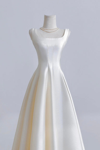 White Satin Tea Length Prom Dress, Beautiful A-Line Party Dress