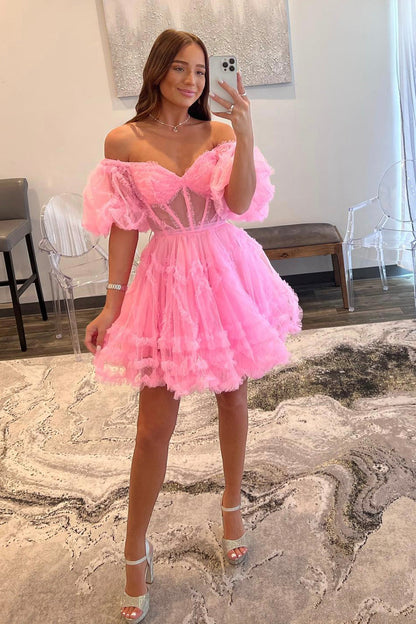 Pink Tulle Short A-Line Prom Dress, Cute Puff Sleeves Homecoming Dress