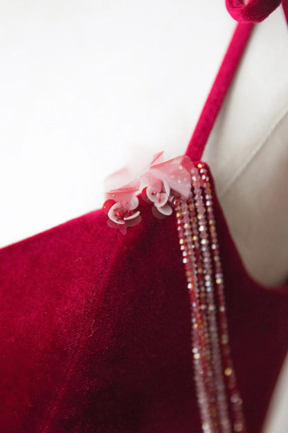 Burgundy Velvet Tulle Long Formal Dress, Beautiful A-Line Spaghetti Strap Evening Dress