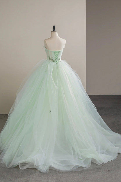 Lovely Sweetheart Neckline Tulle Long Prom Dress with Lace, Green Strapless Evening Dress
