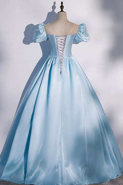 Blue Satin Long Prom Dress, Blue A-Line Scoop Neckline Short Sleeve Evening Dress