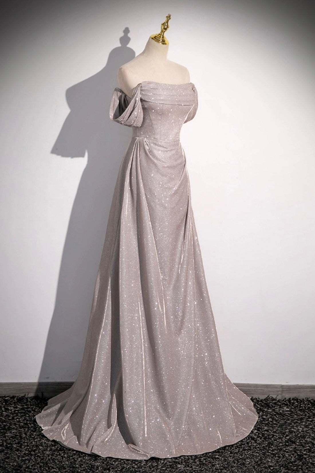 Grey Sequins Ruffle Long Party Dress, Off the Shoulder Short Sleeve Sweep Train Evening Dress