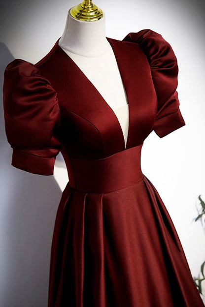 Burgundy V-Neck Satin Long Prom Dress, Simple Short Sleeve Evening Party Dress