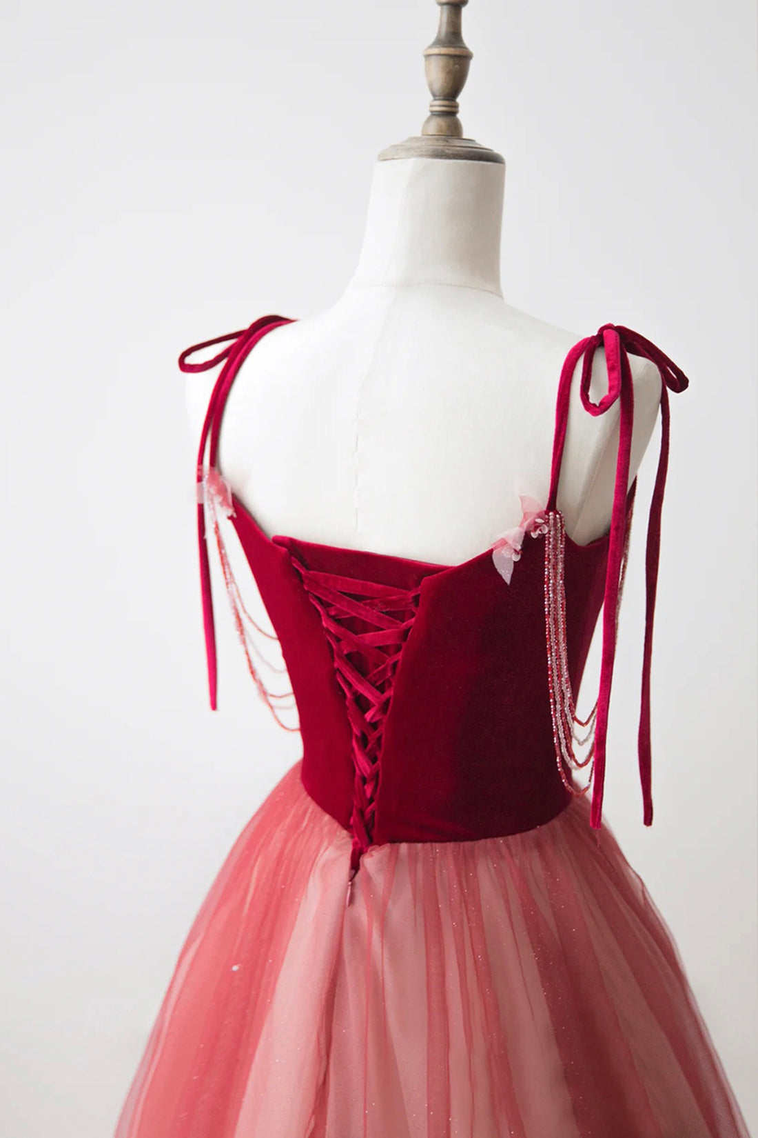 Burgundy Velvet Tulle Long Formal Dress, Beautiful A-Line Spaghetti Strap Evening Dress