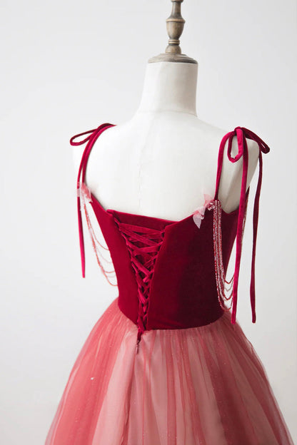 Burgundy Velvet Tulle Long Formal Dress, Beautiful A-Line Spaghetti Strap Evening Dress