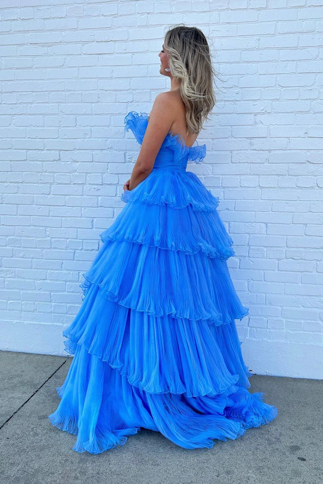 Blue Strapless Princess Tulle Layers Ruffles Long Prom Dress